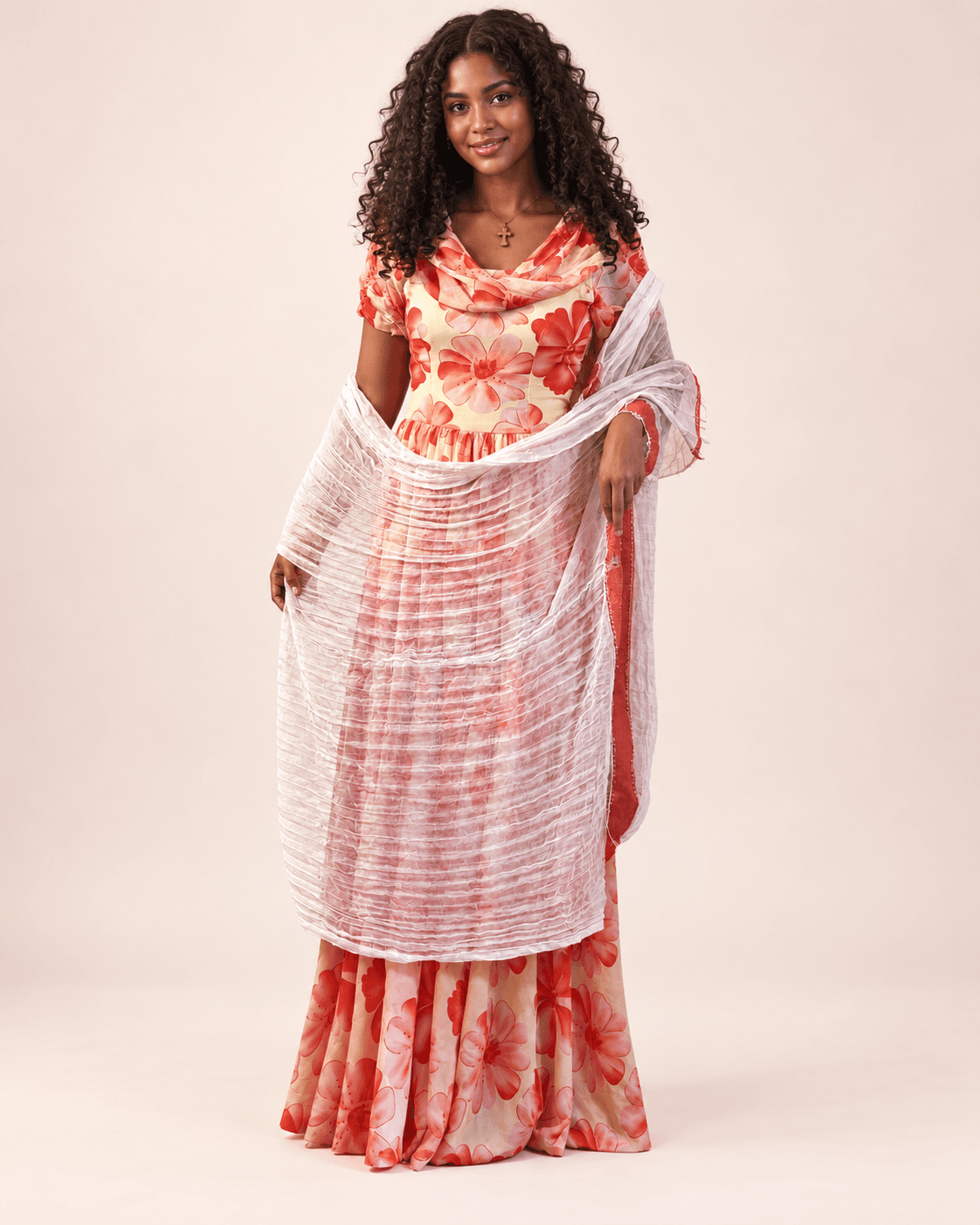 Coral Floral Kaftan & Shawl on model