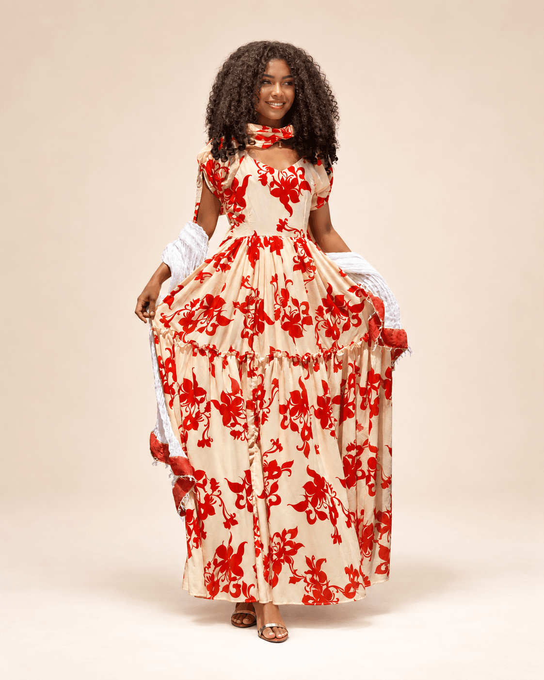 Cream & Red Floral Kaftan