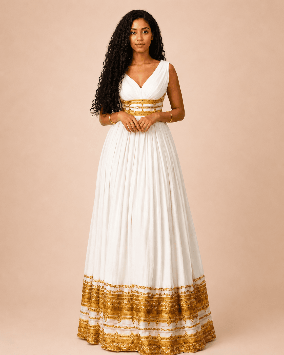 White & Gold Border Dress product photo