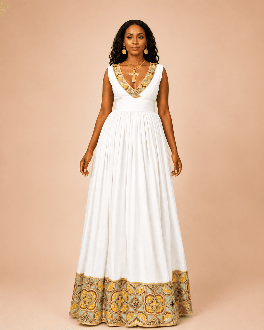White & Gold V-Neck Dress